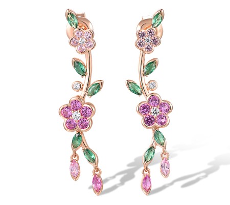Sterling Silver w/ Rose Plating Earrings Created Pink Sapphire,Green Spinel,White Cubic Zirconia (E318582CPGZSR925)