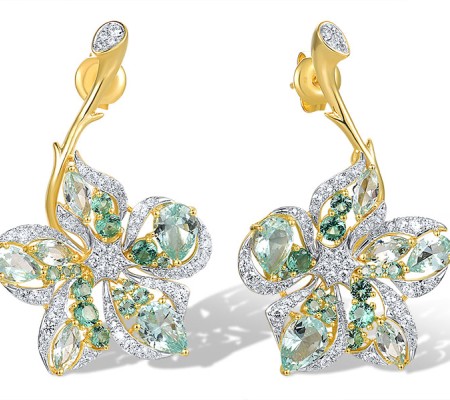 Sterling Silver w/ Ionic Yellow Plating Earrings Green Spinel,White Cubic Zirconia (E318596GSZSP925)