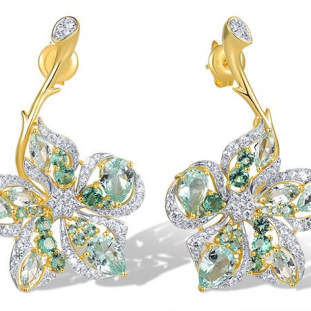 Sterling Silver w/ Ionic Yellow Plating Earrings Green Spinel,White Cubic Zirconia (E318596GSZSP925)