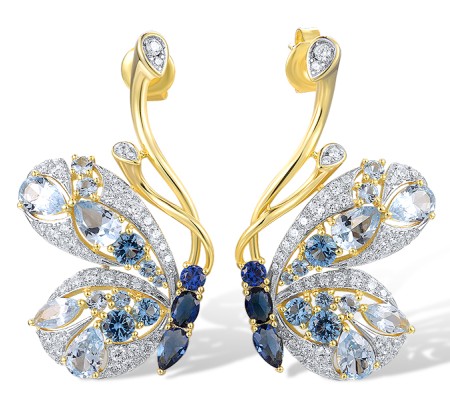 Sterling Silver w/ Ionic Yellow Plating Earrings White Cubic Zirconia,Blue Glass,Blue Nano Cubic Zirconia,Blue Spinel (E318604MULSP925)