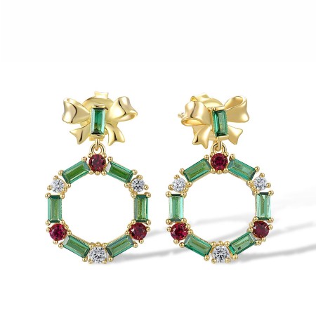 Sterling Silver w/ Yellow Plating Earrings Created Ruby,Green Spinel,White Cubic Zirconia (E318609CUGZSY925)