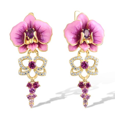 Sterling Silver w/ Yellow Plating Earrings Created Ruby,Enamel,Created Pink Sapphire,White Cubic Zirconia,Created Purple Nano Spinel (E318646ENASY925)
