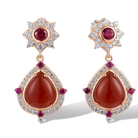 Sterling Silver w/ Rose Plating Earrings Created Ruby,Dyed Red Agate,White Cubic Zirconia (E318669RARZSR925)