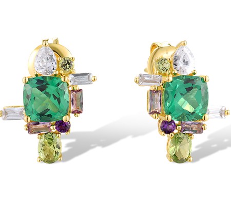 Sterling Silver w/ Yellow Plating Earrings White Cubic Zirconia,Created Purple Nano Spinel,Green Spinel (E318730GSSZSY925)