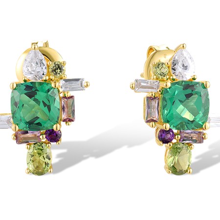Sterling Silver w/ Yellow Plating Earrings White Cubic Zirconia,Created Purple Nano Spinel,Green Spinel (E318730GSSZSY925)