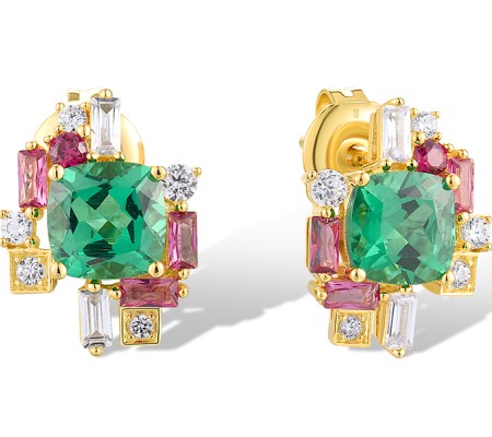 Sterling Silver w/ Yellow Plating Earrings White Cubic Zirconia,Created Ruby,Green Spinel,Red Nano Crystal (E318731MULSY925)