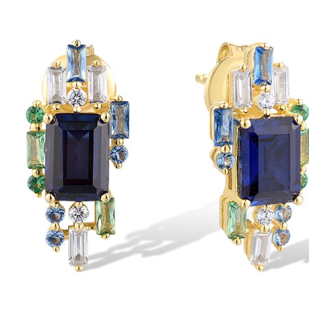 Sterling Silver w/ Yellow Plating Earrings Created Sapphire,Green Spinel,White Cubic Zirconia,Blue Spinel (E318732MULSY925)