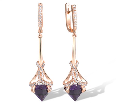 Sterling Silver w/ Rose Plating Earrings Purple Glass,White Cubic Zirconia (E318808PGZSR925)