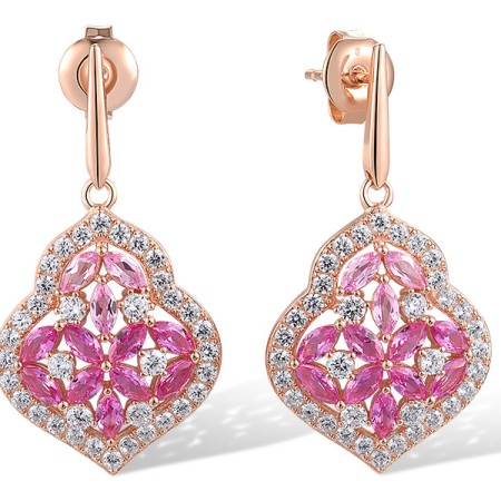 Sterling Silver w/ Rose Plating Earrings Created Pink Sapphire,White Cubic Zirconia (E318878CPSZSR925)