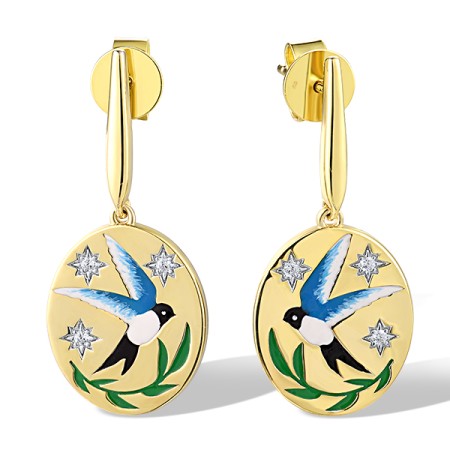 Sterling Silver w/ Ionic Yellow Plating Earrings Enamel,White Cubic Zirconia (E319010ENASP925)