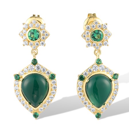 Sterling Silver w/ Yellow Plating Earrings White Cubic Zirconia,Dyed Green Agate,Green Spinel (E319021GSGZSY925)