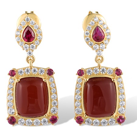 Sterling Silver w/ Yellow Plating Earrings Dyed Red Agate,White Cubic Zirconia,Created Ruby (E319022RARZSY925)