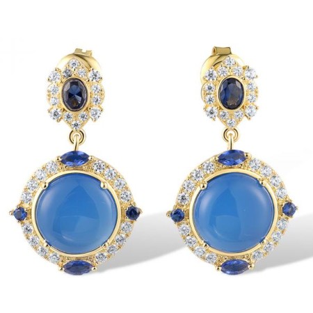 Sterling Silver w/ Yellow Plating Earrings Blue Nano Cubic Zirconia,Dyed Blue Agate,White Cubic Zirconia (E319023BDBZSY925)