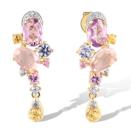 14KYW Earrings Orange Sapphire,Pink Sapphire,Yellow Sapphire,Blue Sapphire,Diamond (E319742MUL14KYW)