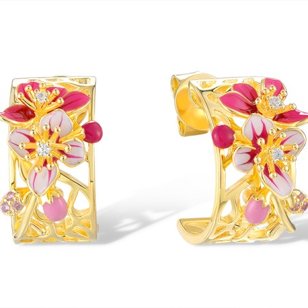 Sterling Silver w/ Yellow Plating Earrings Created Pink Sapphire,Enamel,White Cubic Zirconia (E320213ENASY925)