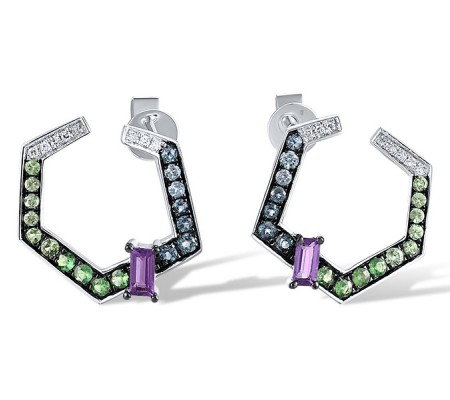 14KWB Earrings Diamond,Green Garnet,London Blue Topaz,Amethyst,Blue Topaz (Swiss Blue) (E320226MUL14KWB)