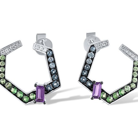 14KWB Earrings Diamond,Green Garnet,London Blue Topaz,Amethyst,Blue Topaz (Swiss Blue) (E320226MUL14KWB)