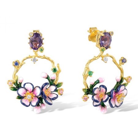 Sterling Silver w/ Yellow Plating Earrings Blue Nano Cubic Zirconia,Created Pink Sapphire,Enamel,Green Spinel,Pink Cubic Zirconia,Purple Glass,White Cubic Zirconia (E320358ENASY925)