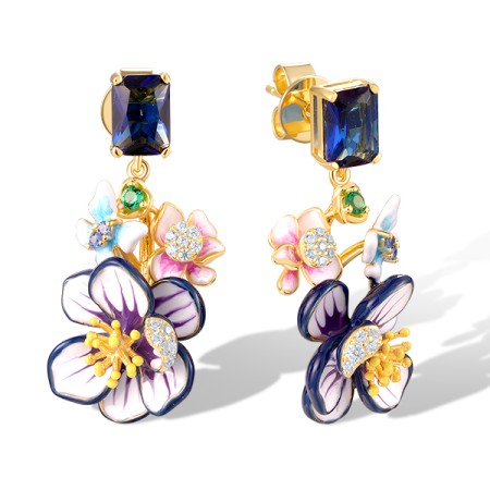 Sterling Silver w/ Yellow Plating Earrings Enamel,Green Spinel,Blue Glass,White Cubic Zirconia,Blue Nano Cubic Zirconia (E320362ENASY925)
