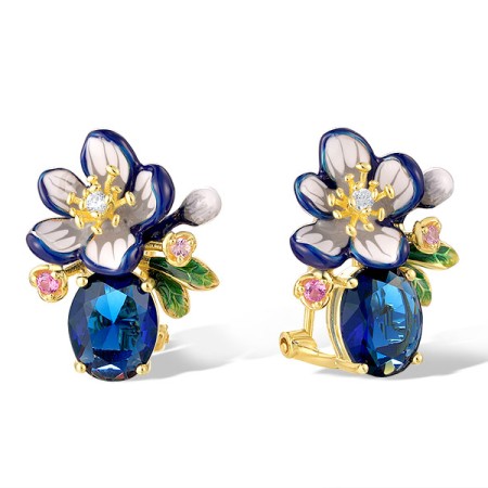 Sterling Silver w/ Yellow Plating Earrings Blue Glass,Created Pink Sapphire,Enamel,White Cubic Zirconia (E320364ENASY925)