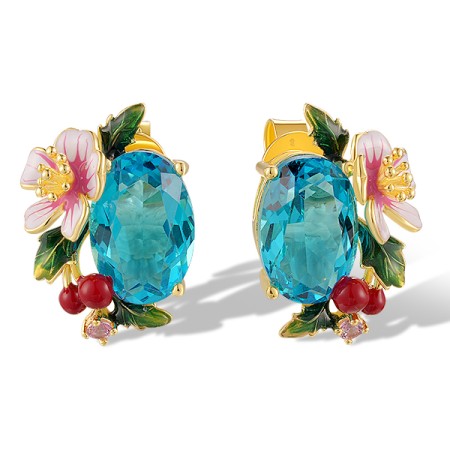 Sterling Silver w/ Yellow Plating Earrings Blue Glass,Created Pink Sapphire,Enamel (E320522ENASY925)