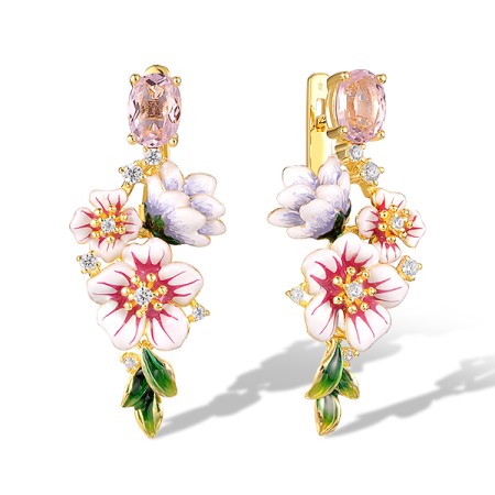 Sterling Silver w/ Yellow Plating Earrings Enamel,Pink Glass,White Cubic Zirconia (E320588ENASY925)