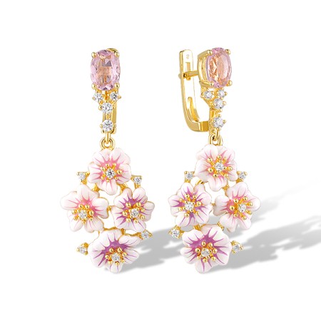 Sterling Silver w/ Yellow Plating Earrings Pink Glass,White Cubic Zirconia,Enamel (E320589ENASY925)