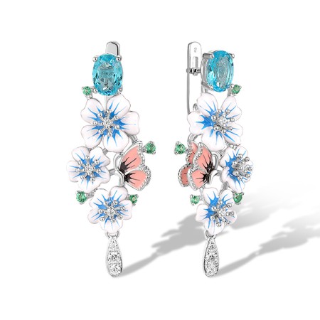 Sterling Silver Earrings Blue Glass,Enamel,Green Spinel,White Cubic Zirconia (E320590ENASL925)