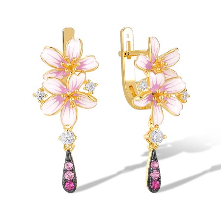 Sterling Silver w/ Yellow Black Plating Earrings Created Pink Sapphire,Created Ruby,Enamel,White Cubic Zirconia (E320594ENASC925)