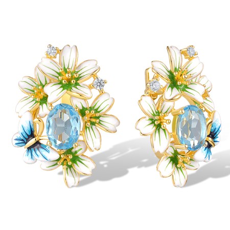 Sterling Silver w/ Yellow Plating Earrings Blue Glass,Enamel,White Cubic Zirconia (E320595ENASY925)