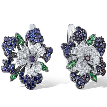 Sterling Silver w/ Black White Plating Earrings Created Sapphire,Synthetic Green Spinel,White Cubic Zirconia (E320958CSGZSK925)