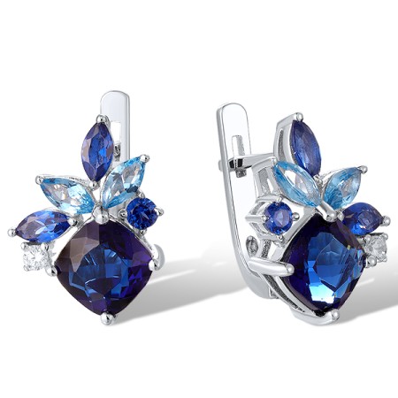 Sterling Silver Earrings Blue Glass,Synthetic Blue Spinel,White Cubic Zirconia (E321093MUL1SL925)