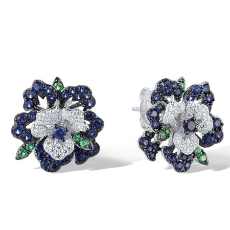 Sterling Silver w/ Black White Plating Earrings Created Sapphire,Synthetic Green Spinel,White Cubic Zirconia (E321355CSGZSK925)
