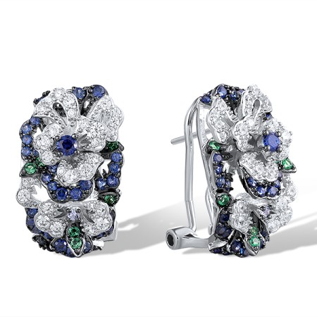 Sterling Silver w/ Black White Plating Earrings Created Sapphire,Synthetic Green Spinel,White Cubic Zirconia (E321357CSGZSK925)