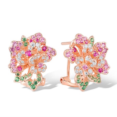 Sterling Silver w/ Rose Plating Earrings Created Pink Sapphire,Created Ruby,Synthetic Green Spinel,White Cubic Zirconia (E321358MULSR925)