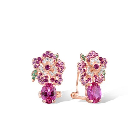 Sterling Silver w/ Rose Plating Earrings Created Pink Sapphire,Created Ruby,Synthetic Green Spinel,White Cubic Zirconia (E321360MULSR925)