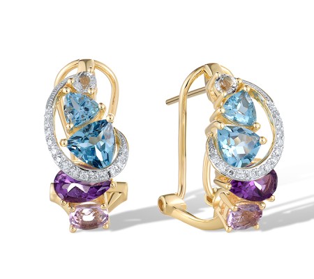 14KYW Earrings Amethyst,Blue Topaz (Sky Blue),Blue Topaz (Swiss Blue),Diamond (E321502ABBT14KYW)