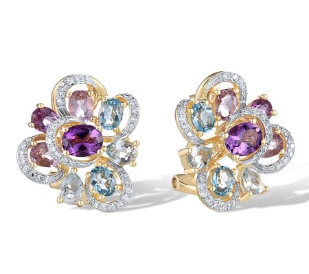 14KYW Earrings Blue Topaz (Sky Blue),Blue Topaz (Swiss Blue),Diamond,Amethyst (E321503ABBT14KYW)