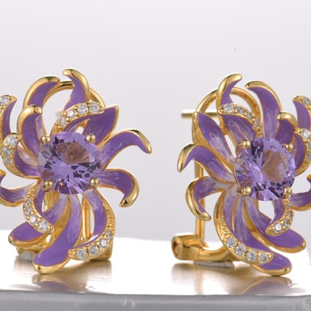 Sterling Silver w/ Yellow Plating Earrings Enamel,Synthetic Purple Spinel,White Cubic Zirconia (E321556ENASY925)