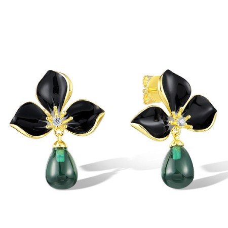 Sterling Silver w/ Yellow Plating Earrings Enamel,Green Glass,White Cubic Zirconia (E321616ENASY925)
