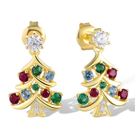 Sterling Silver w/ Yellow Plating Earrings Created Ruby,Synthetic Blue Spinel,Synthetic Green Spinel,White Cubic Zirconia (E321651MULSY925)