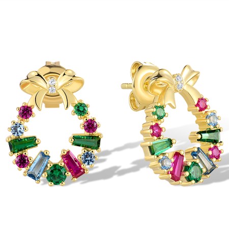 Sterling Silver w/ Yellow Plating Earrings Created Ruby,Synthetic Blue Spinel,Synthetic Green Spinel,White Cubic Zirconia (E321653MULSY925)