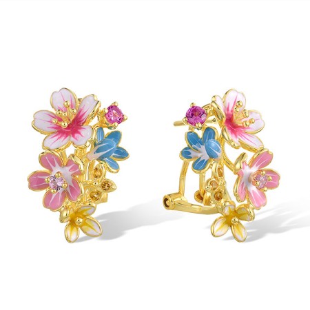 Sterling Silver w/ Yellow Plating Earrings Created Pink Sapphire,Enamel,Synthetic Yellow Spinel (E321701ENASY925)