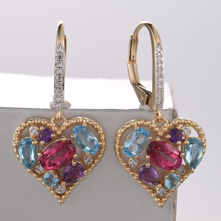 14KYW Earrings Amethyst,Blue Topaz (Swiss Blue),Diamond,Pink Topaz (E321732ABPT14KYW)