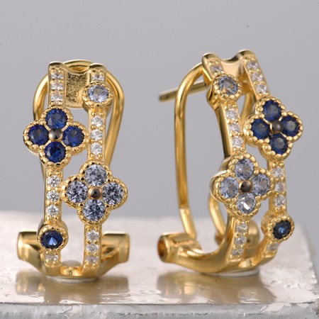 Sterling Silver w/ Yellow Black Plating Earrings Created Sapphire,White Cubic Zirconia (E321938CRSZSC925)