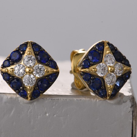 Sterling Silver w/ Yellow Black Plating Earrings Created Sapphire,White Cubic Zirconia (E322094CRSZSC925)