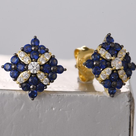 Sterling Silver w/ Yellow Black Plating Earrings Created Sapphire,White Cubic Zirconia (E322095CRSZSC925)