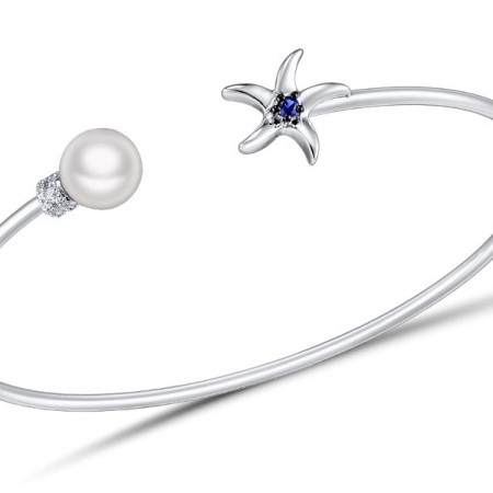 Sterling Silver Bangle Created Sapphire,Fresh Water White Pearl,White Cubic Zirconia (G309485CFSZSL925)