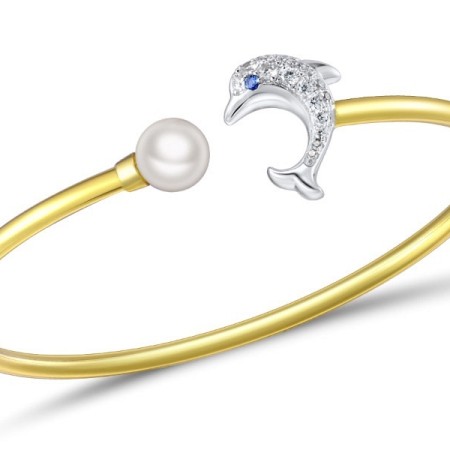 Sterling Silver w/ IONIC YELLOW PLATING Bangle Blue Spinel,Fresh Water White Pearl,White Cubic Zirconia (G309486BFPZSP925)