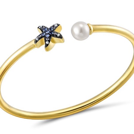 Sterling Silver w/ Yellow Plating Bangle Blue Spinel,Fresh Water White Pearl,White Cubic Zirconia (G309487BFPZSY925)